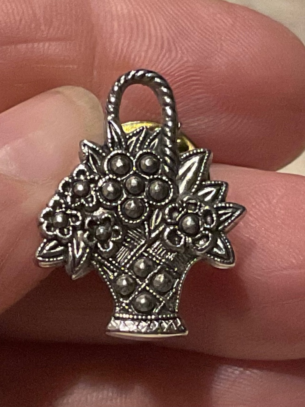 Avon Flower Basket Lapel Pin Silvertone Vintage
